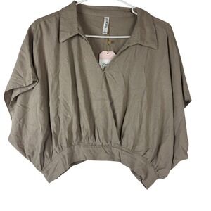 Zenana Womens Taupe Brown Collared Short Sleeve Cropped Top Large Boho Flowy